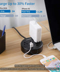 Compact Three Outlet Power Strip With Two USB Ports And Flat Plug Five Foot Cord on desk charging iPad and iPhone