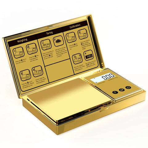 Pocket Digital Scale 200G By 0.01G With Gold Titanium Plating, open showing backlit LCD and instructions inside lid