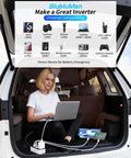 Woman using Hella Reliable 200W Car Power Inverter With Dual AC Outlets to charge laptop and devices in car trunk.