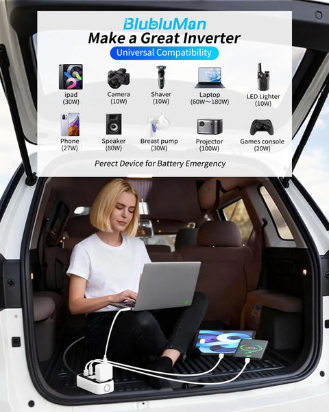 Woman using Hella Reliable 200W Car Power Inverter With Dual AC Outlets to charge laptop and devices in car trunk.