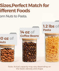 Six Pack Airtight Glass Storage Canisters With Square Lids Set For Flour Cereal Sugar Tea Coffee Beans Snacks Pantry Organization Kitchen Jars 0.7 Qt 1.2 Qt 1.6 Qt filled with nuts, coffee beans, pasta