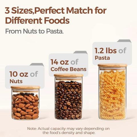 Six Pack Airtight Glass Storage Canisters With Square Lids Set For Flour Cereal Sugar Tea Coffee Beans Snacks Pantry Organization Kitchen Jars 0.7 Qt 1.2 Qt 1.6 Qt filled with nuts, coffee beans, pasta