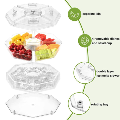 Bar Ready Ice Serving Lazy Susan With Four Removable Dishes And Smooth Rotating Tray For Condiments, Fruit, Salad And Party Garnish