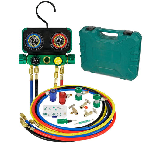 Pro 4 Way AC Manifold Gauge Set With Case For R1234yf R134a R404a 4 Color Coded 5ft Hoses Quick Couplers Can Tap Puncturing Tool Fahrenheit Display Professional HVAC Kit with gauge set, hoses, couplers, and case