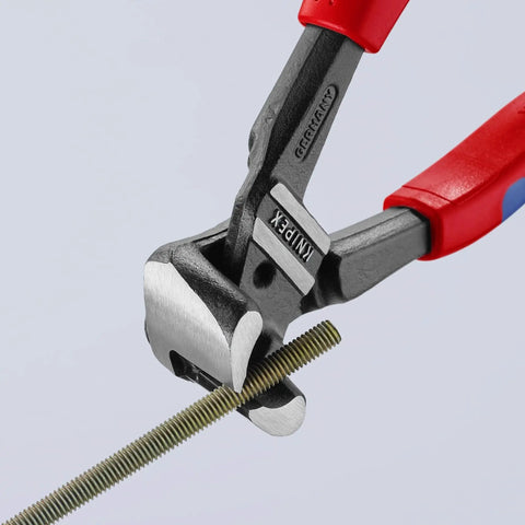 High Leverage Bolt End Cutting Nippers With Multi Component Design cutting a metal wire, showing 64 HRC cutting edges.