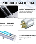 6W UV C Light Sanitizer Lamp With 253.7Nm UV C Bulb material details showing quartz glass, aluminum lamp head, and bracket.