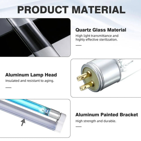 6W UV C Light Sanitizer Lamp With 253.7Nm UV C Bulb material details showing quartz glass, aluminum lamp head, and bracket.