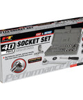 All In One Forty Piece SAE And Metric Socket Set With One Quarter Inch And Three Eighth Inch Drive Ratchet Extension Bar And Driver Handle Covering Sizes From Five Thirty Second Inch To Three Fourth Inch And Four To Seventeen Millimeter in packaging.
