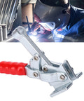 Heavy Duty Toggle Clamp With 150kg Clamping Force Horizontal Plunger Stroke Welding Hold Down Clamp For Woodworking Jigs And Fixtures Quick Release Hand Tool For Easy Secure Workpiece Positioning In Jigs, shown in front of a welder in action.