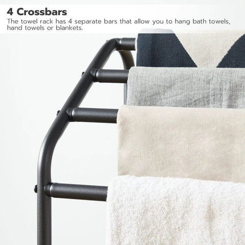 Freestanding 4 Tier Towel Rack And Blanket Display Stand for Bathroom or Living Room, showing 4 crossbars with towels hanging.