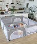 Extra Large Baby Playpen With Safe Gates And Breathable Mesh For Indoor Outdoor Use Toddler Play Yard, 82x82x27 inches in use.