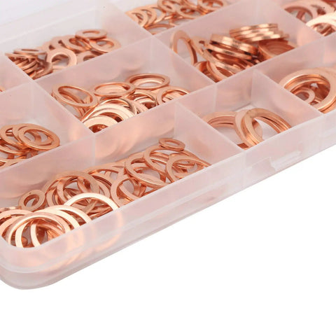 Top Grade Copper Washer Assortment Kit For Auto Repair Shops Featuring 300 Pieces Heat Resistant Flat Gaskets Perfect For Oil Pan Plugs Fuel Lines And Hydraulic Sealing With M5 Through M16 Sizes For Leaking Jobs, copper washers in organizer tray