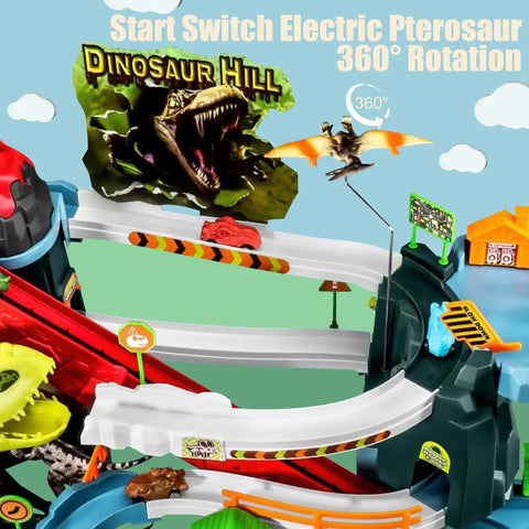 Awesome Toy Car Ramp Track With Dinosaur Spray Hills Adventure Railcar Slot Car Race Set for Kids Ages 3 to 6 in action