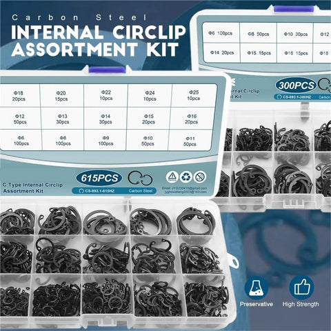 Internal Circlip Retaining Ring Kit 900Pcs To 1845Pcs Carbon Steel 6-25mm C Washer Locking Clip Set in compartment box