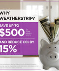 Front view of a white ceramic piggy bank with rolled dollar bills beside a purple weatherstripping savings poster.