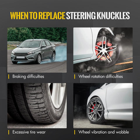 When to replace steering knuckles: four images showing a car with braking difficulties, wheel rotation issues, tire wear, vibration.