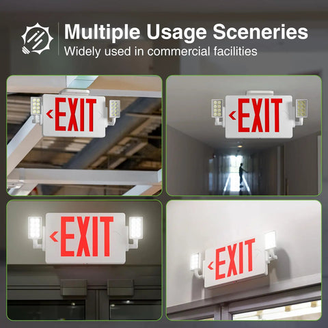 6 Pack Red Exit Signs With Emergency Lights Dual LED Adjustable Heads Battery Backup Hard Wired UL Listed 120/277V AC Exit Sign Combo For Business And Public Spaces shown in various commercial settings.
