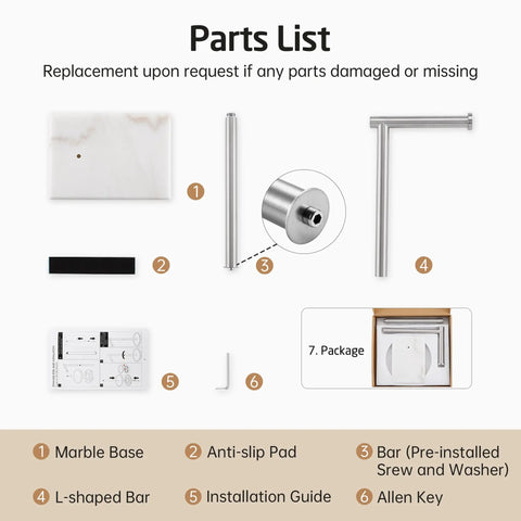 Parts list for Natural Marble Toilet Paper Holder Stand Freestanding Stainless Steel With Brushed Finish Heavy Marble Base.