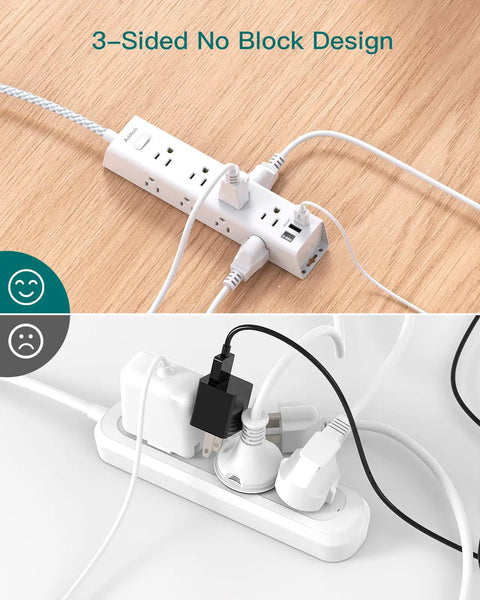 3-sided 12 Outlet Surge Protector Power Strip With 5 Ft Flat Plug, 3 USB Ports, Wide Space Sockets Overload Protection in use