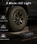 Powerful Heavy Duty Tire Inflator Portable Air Compressor With 12000mAh Battery 150 PSI shown with LED light modes.