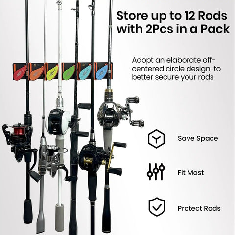 Two Pack Wall Mounted Fishing Rod Rack Organizer For Garage holds 6 to 12 rods with adjustable grip holders for 0.2 to 0.8 inches.