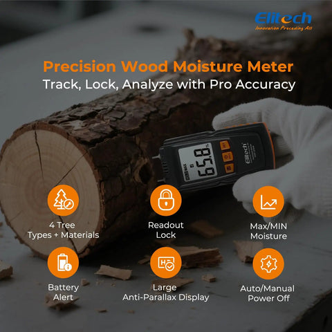 Digital Moisture Meter With Pin Probes For Water Leaks And Wood Floors And Walls, Four Wood Types And Four Material Modes, Auto Calibration At Startup, Hold Function, And Max Min Readings For Quick No Fuss Moisture Checks., handheld meter on log