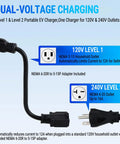 Dual-voltage charging illustration for Top Shelf Performance Delivered By Forty Foot Level One And Two Portable Electric Charger With J1772 Connector.