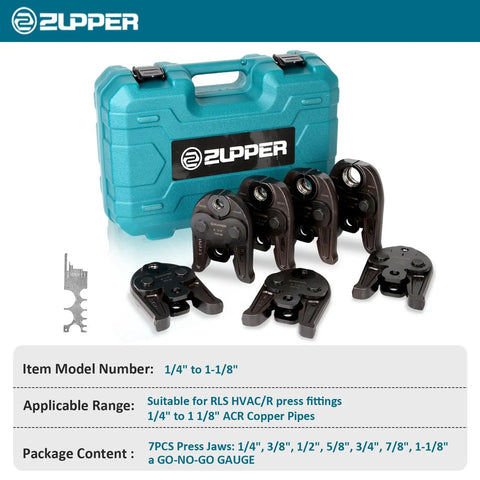 Seven Piece Press Jaws Set For Refrigeration And Plumbing From Quarter Inch To One And One Eighth Inch With Go No Go Gauge Heavy Duty Pro Grade Compatible With Thirty Two Kilonewton Battery Press Tools visible with turquoise carrying case.