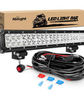 20 Inch 126W LED Light Bar Spot Flood Combo For Off Road Driving With 16 AWG Wiring Harness Kit showcased with packaging