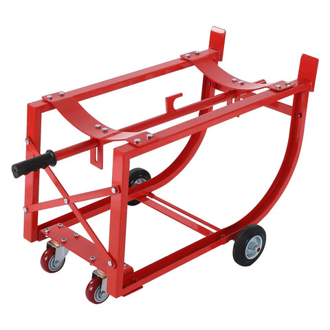 Heavy Duty 55 Gallon Drum Cradle With 600 Lb Capacity And Sturdy Steel Build Perfect For Moving Barrels Around The Shop Using Easy Drawbar Design, showing red steel frame with wheels.