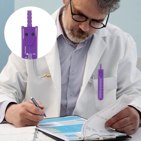 Must Have ECG Caliper For Nurses And Doctors A Pro Grade Stainless Steel Electrocardiogram Divider With Ruler To Measure EKG Wave Segments, Protective Cover, Purple Finish For Medical Students And Healthcare Pros. Purple ECG caliper clipped to a doctor coat, 11.5 cm stainless steel