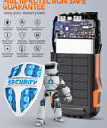 42800mAh Solar Charger Power Bank Portable Charger With USB C Input Output Dual USB Ports QC 3.0 Fast Charge External Battery Pack Built-In Super Bright Flashlight Charges Three Devices Outdoor Orange with internal circuit board and security robot