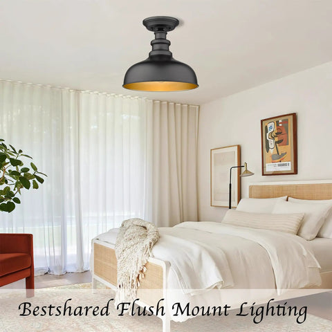 Bedroom with Semi Flush Mount Ceiling Light in Black with Copper Accents, Dope Industrial Farmhouse Hallway Fixture, 11.5 Inch Diameter