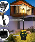 64 Inch Solar Lamp Post With Planter For Garden And Pathway, showing solar panel and planter base, warm white glow at night