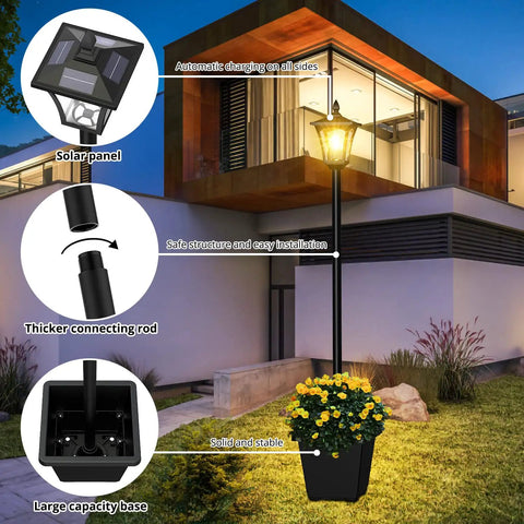 64 Inch Solar Lamp Post With Planter For Garden And Pathway, showing solar panel and planter base, warm white glow at night