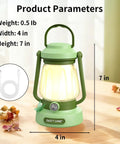 Green Kids Lantern With 4 Color Dimmable Lights And USB C Charging, dimensions shown, on wooden table with USB-C cable
