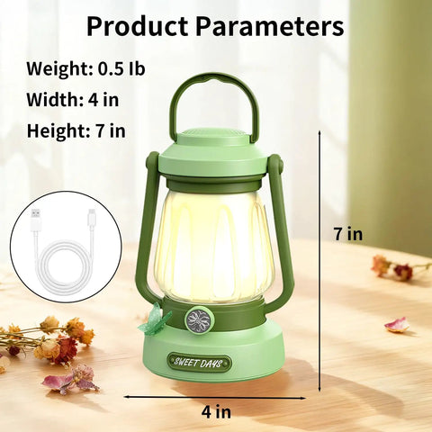 Green Kids Lantern With 4 Color Dimmable Lights And USB C Charging, dimensions shown, on wooden table with USB-C cable