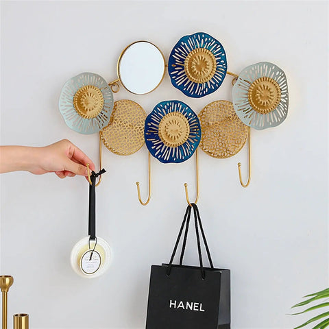 Solid Double Wall Coat Hooks Smooth Mirror Metal Entryway Rack For Hats Bags Keys Towels Top Shelf, decorative design with gold and blue.