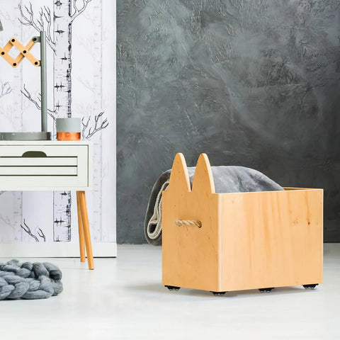 Wooden storage box on self adhesive caster wheels with 360 degree rotation for easy mobility in a modern room.