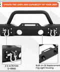 ECOTRIC stubby front bumper for Jeep JK/JL/JT, black powder-coated steel with built-in fog light housing and two D-rings