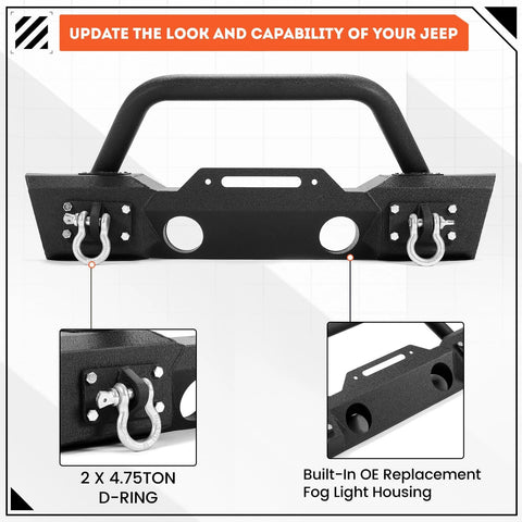 ECOTRIC stubby front bumper for Jeep JK/JL/JT, black powder-coated steel with built-in fog light housing and two D-rings