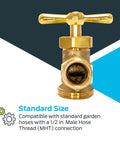 Front view of Brass Irrigation Hose Bibb Spigot 1/2 Inch MIP X 1/2 Inch MHT Outdoor Garden Valve, Heavy Duty Brass Construction