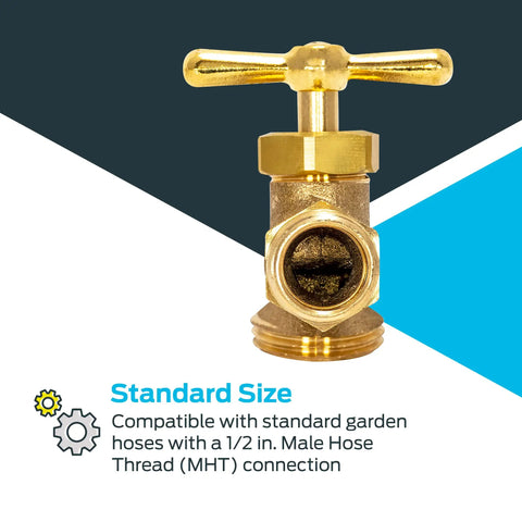 Front view of Brass Irrigation Hose Bibb Spigot 1/2 Inch MIP X 1/2 Inch MHT Outdoor Garden Valve, Heavy Duty Brass Construction