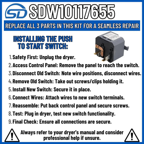 Push To Start Dryer Switch Replacement W10117655 Fits Model Specific Dryers installation guide with switch image.