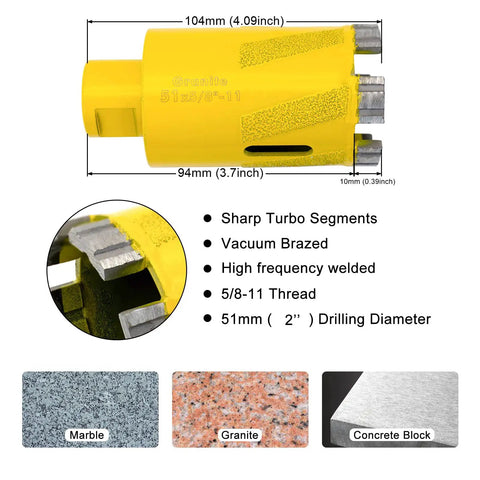 2 Inch Diamond Core Drill Bit for Dry and Wet Use with Vacuum Brazed Granite Hole Saw, dimensions and key features visible