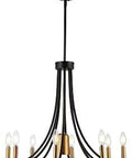 Dope 9 Light Wagon Wheel LED Chandelier In Black And Brass Finish Modern Farmhouse Pendant Light For Dining Room And Kitchen Iron Ceiling Fixture With Adjustable Hanging Height Energy Saving LED Bulbs Included