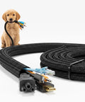 No Fuss Chew Proof Wire Loom, 10 Foot Expandable Cable Sleeve Protector, Black, protecting cables from pet chews.