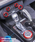 Red billet aluminum knob trim set for Ford Bronco interior; center console headlight, HVAC, 4WD and radio knobs