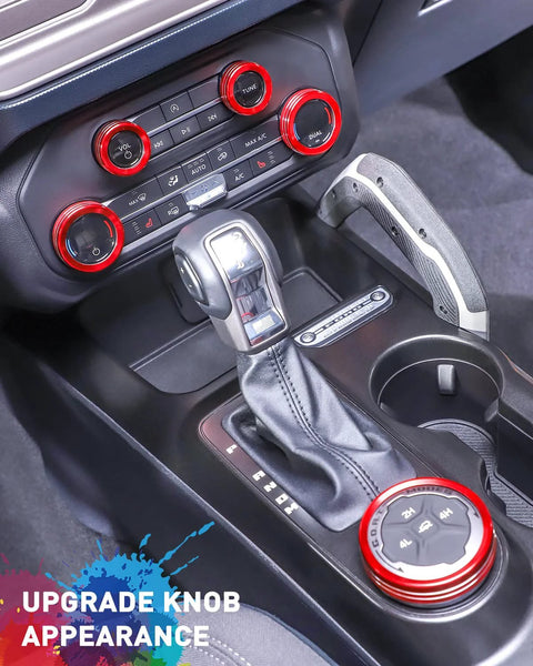 Red billet aluminum knob trim set for Ford Bronco interior; center console headlight, HVAC, 4WD and radio knobs