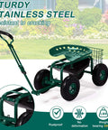 Garden Cart With Rolling Seat And Adjustable Handle, 360 Degree Rotating Stool, Handy Tool Tray, Easy-To-Move Yard Wagon